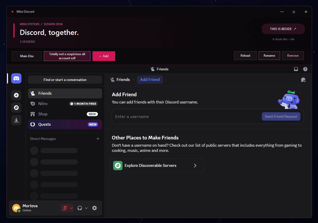 Mira Discord Switcher showing multiple remembered Discord sessions