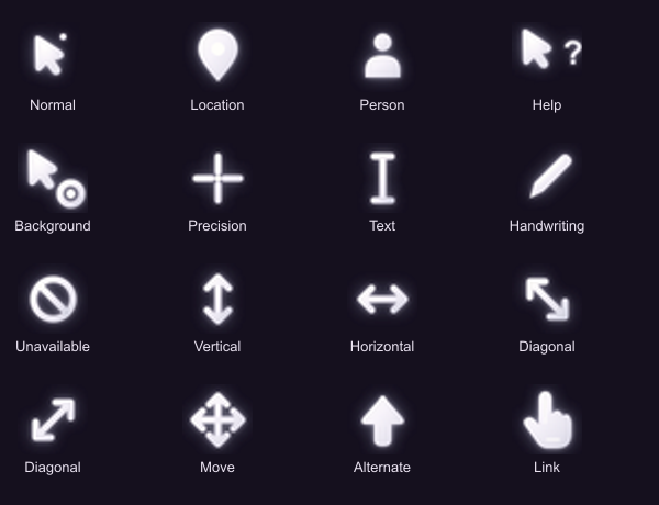 Mira Cursor Pack samples: pearl-white arrow with companion dot, location, person, help, background, precision, text, handwriting, unavailable, resize, move, alternate and link cursors